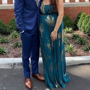 Teal and gold long social gown